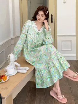 Женская пижама, длинные рукава, цветочный узор, кружево, воланный низ Dazy, зеленый