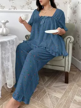 Женская пижама с квадратным вырезом, украшенная маленькими розочками и бантиками, синий