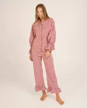 Женская пижама в клетку с рюшами на манжетах Bohodot, красный
