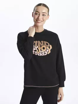 Женская пижамная рубашка с длинным рукавом с круглым вырезом и принтом LCW DREAM, новый черный