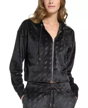Женская платиновая велюровая худи на молнии с логотипом DKNY, черный