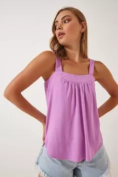 Женская плиссированная льняная блузка с сиреневыми бретелями Happiness stanbul, фиолетовый