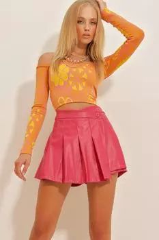 Женская плиссированная мини-шорта из искусственной кожи цвета фуксии на молнии Trend Alaat Stili, розовый