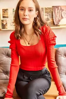 Женская плиссированная трикотажная блузка с квадратным воротником и красными рукавами Olalook, красный