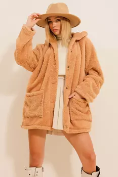Женская плюшевая куртка светло-коричневого цвета с двумя карманами спереди и пуговицами без подкладки ALC-X11149 Trend Alaat Stili, коричневый