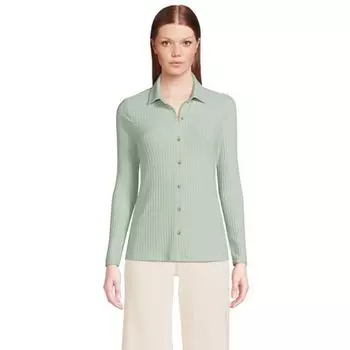 Женская поло с длинным рукавом, ребристой вязкой и застежкой на пуговицы Lands' End, цвет aqua surf