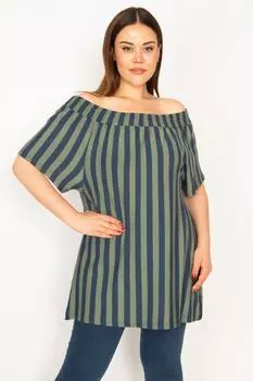 Женская полосатая блузка цвета хаки с воротником Madonna больших размеров ans, зеленый