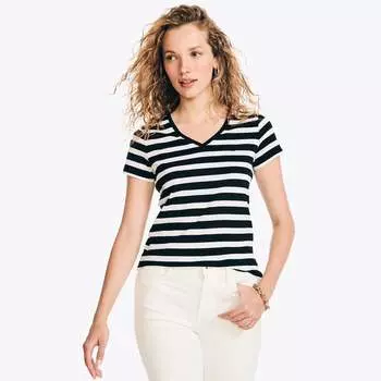 Женская полосатая футболка Nautica с V-образным вырезом, цвет true black