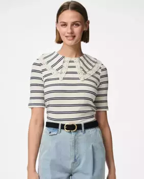 Женская полосатая футболка с кружевной отделкой на шее Pieces, тёмно-синий