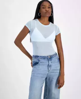 Женская полупрозрачная блузка с сетчатыми вставками и короткими рукавами Bar III, синий