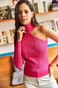 Женская полуводолазка фуксии с воротником на одно плечо, плетеная укороченная трикотажная блузка Olalook, розовый
