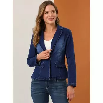 Женская потертая джинсовая куртка на пуговицах с длинными рукавами и зубчатыми лацканами ALLEGRA K