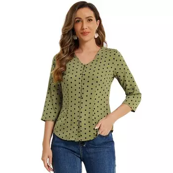 Женская повседневная блузка на пуговицах с рукавом 3/4 в горошек, топ ALLEGRA K, цвет Army Green