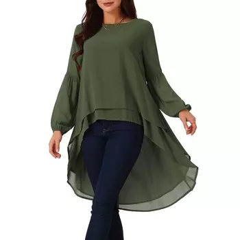 Женская повседневная блузка с фонариком, длинным рукавом и круглым вырезом, асимметричная неровная подол, топы Seta T, цвет Army Green
