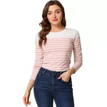 Женская повседневная футболка в полоску с длинными рукавами и цветными блоками ALLEGRA K, цвет Pink White