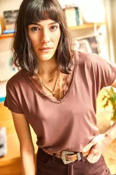 Женская повседневная кружевная блузка из вискозы с горько-коричневым воротником Olalook, коричневый