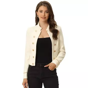 Женская повседневная куртка в стиле стимпанк с воротником-стойкой и открытым передним декором на пуговицах ALLEGRA K, бежевый