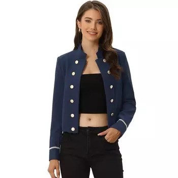 Женская повседневная куртка в стиле стимпанк с воротником-стойкой и открытым передним декором на пуговицах ALLEGRA K, цвет Navy Blue