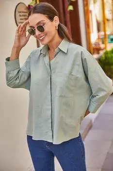 Женская повседневная льняная рубашка мятного цвета с карманами armonika, зеленый
