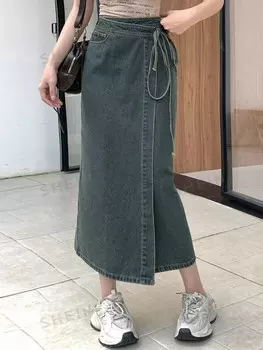 Женская повседневная прямая джинсовая юбка с узлом на талии Dazy, пастельно-синий