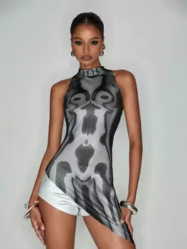 Женская повседневная рубашка с круглым вырезом и принтом Warp Atelie, черный цвет