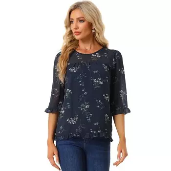 Женская повседневная шифоновая блузка с рюшами и рукавами 3/4 с цветочным принтом ALLEGRA K, цвет Navy Blue