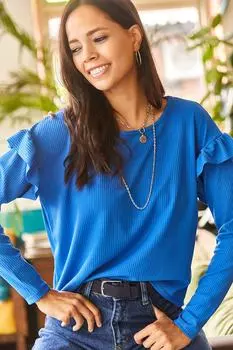 Женская повседневная укороченная блузка Saks синего цвета с рюшами на рукавах Olalook, темно-синий