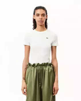 Женская приталенная футболка из хлопка в рубчик с короткими рукавами Lacoste, белый