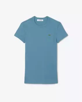 Женская приталенная футболка из хлопка в рубчик с короткими рукавами Lacoste, синий