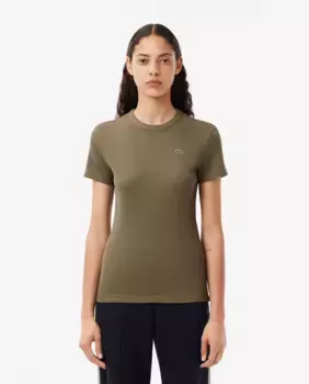 Женская приталенная футболка из хлопка в рубчик с короткими рукавами Lacoste, темно-зеленый