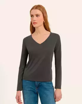 Женская приталенная футболка с V-образным вырезом Naf Naf, темно-серый