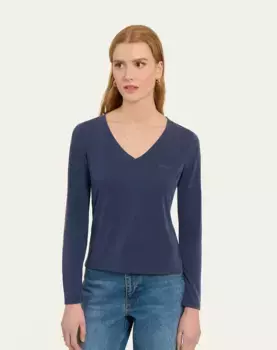 Женская приталенная футболка с V-образным вырезом Naf Naf, тёмно-синий