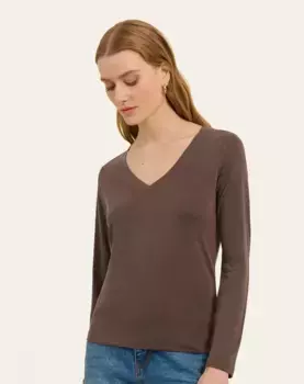 Женская приталенная футболка с V-образным вырезом Naf Naf, цвет Camel