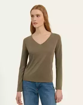 Женская приталенная футболка с V-образным вырезом Naf Naf, цвет Caqui