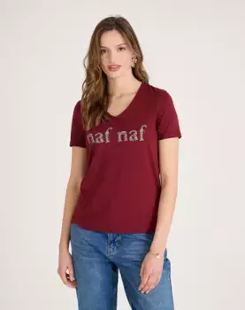 Женская приталенная футболка с V-образным вырезом Naf Naf, цвет Burdeos