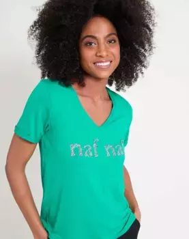 Женская приталенная футболка с V-образным вырезом Naf Naf, зеленый