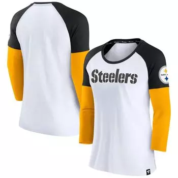 Женская прочная футболка Fanatics с белым/черным логотипом Pittsburgh Steelers с рукавами 3/4 реглан Fanatics
