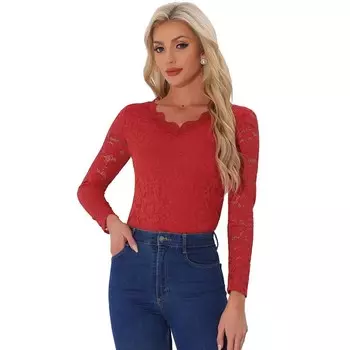 Женская прозрачная кружевная блузка с длинными рукавами и цветочной вышивкой ALLEGRA K, красный
