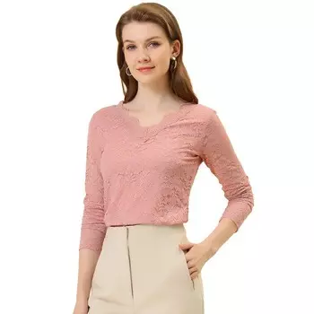 Женская прозрачная кружевная блузка с длинными рукавами и цветочной вышивкой ALLEGRA K, розовый
