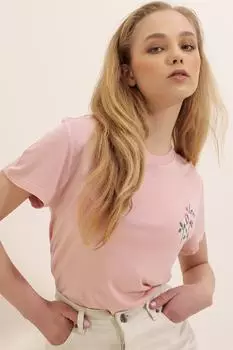 Женская пудра с круглым вырезом и вышитым текстом 100% хлопок Пламенный чесаный хлопок ALC-X8122 Trend Alaat Stili, розовый