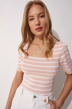 Женская пудровая трикотажная блузка с квадратным воротником Happiness stanbul, розовый