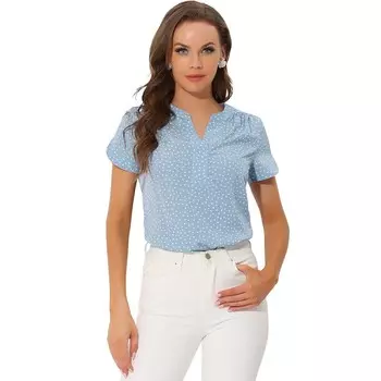 Женская рабочая офисная блузка с V-образным вырезом и короткими рукавами в горошек, топ ALLEGRA K, цвет Light Blue