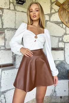 Женская расклешенная мини-юбка из искусственной кожи кофейного цвета с эластичной резинкой на талии Trend Alaat Stili, коричневый