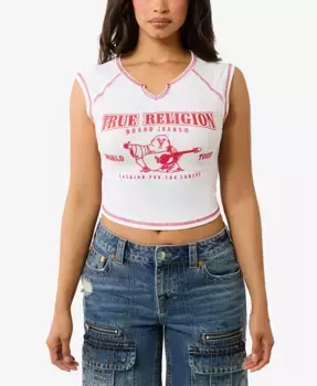 Женская ребристая футболка с логотипом и V-образным вырезом Baby T-Shirt True Religion, белый
