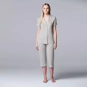Женская роскошная базовая пижамная рубашка Simply Vera Vera Wang с вырезом на воротнике и пижамный комплект-капри Simply Vera Vera Wang