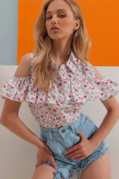 Женская розовая блузка из поплина с рюшами ALC-X6752 Trend Alaat Stili, разноцветный
