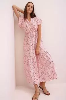 Женская розовая двубортная юбка с v-образным вырезом и воланами платье макси Trend Alaat Stili, розовый