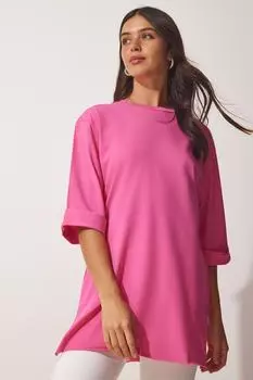 Женская розовая футболка оверсайз из чесаного хлопка с разрезом по бокам Happiness stanbul, розовый