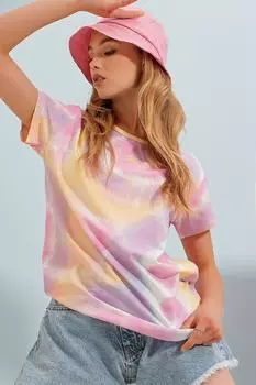 Женская розовая футболка стандартного кроя с круглым вырезом и узором батик Trend Alaat Stili, розовый