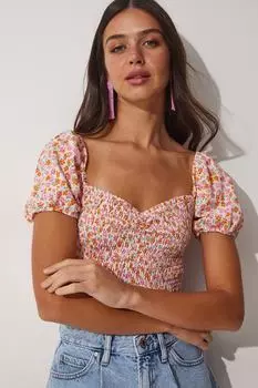 Женская розовая, кремовая, с цветочным принтом, укороченный вязаный воротник-кармен, Happiness stanbul, розовый